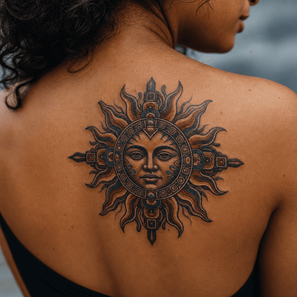 idée tatouage soleil soleil aztèque néo-traditionnel