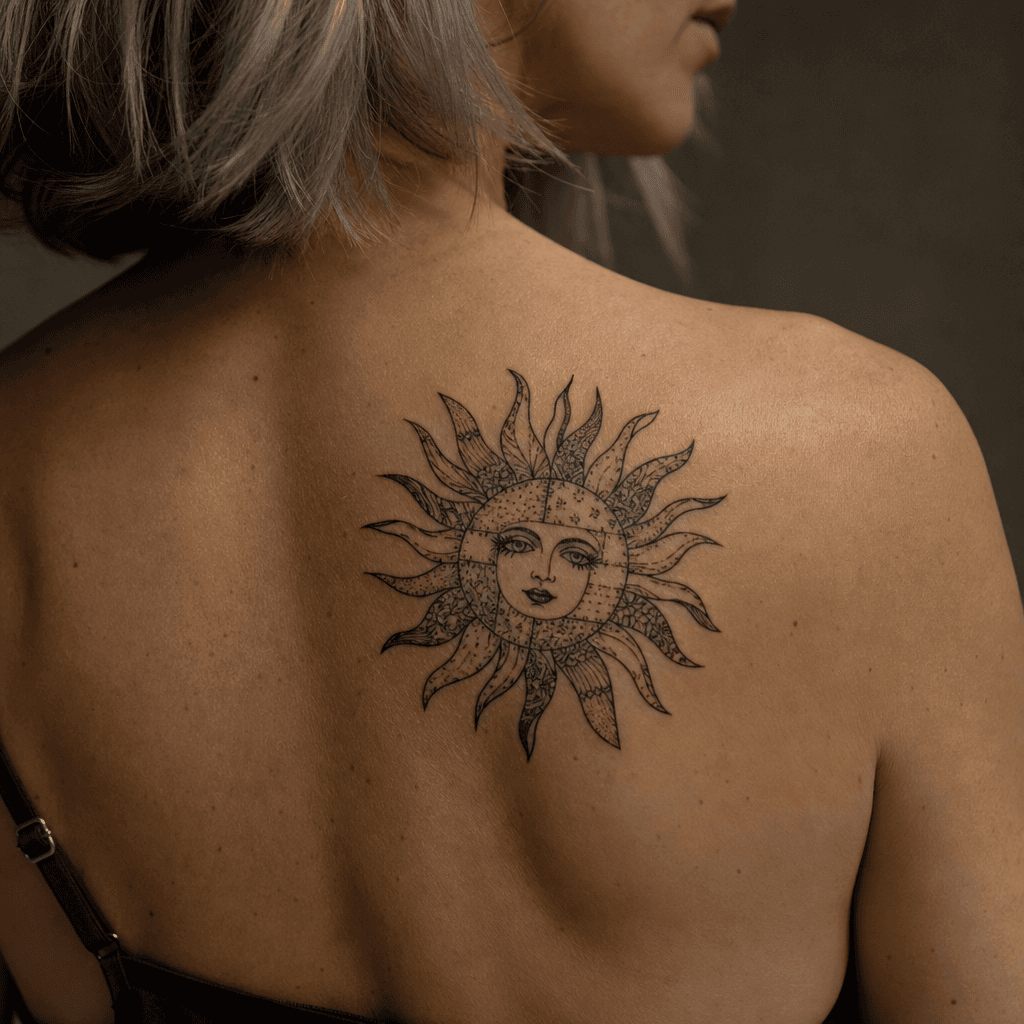 idée tatouage soleil patchwork solaire vintage