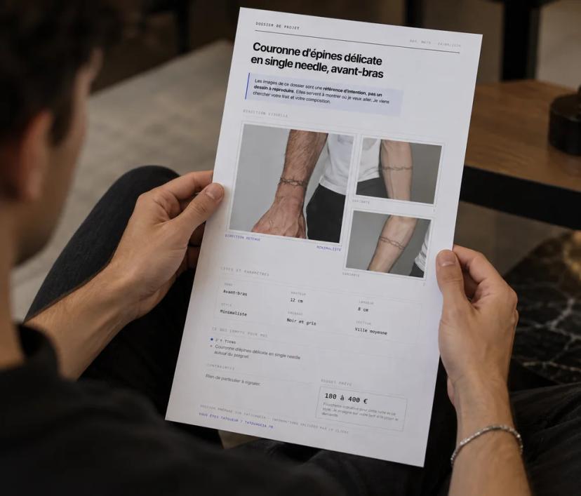 Personne assise tenant un dossier de projet de tatouage imprimé, avec le design d'une couronne d'épines en single needle sur l'avant-bras, ses variantes, les cotes et le budget prévu.