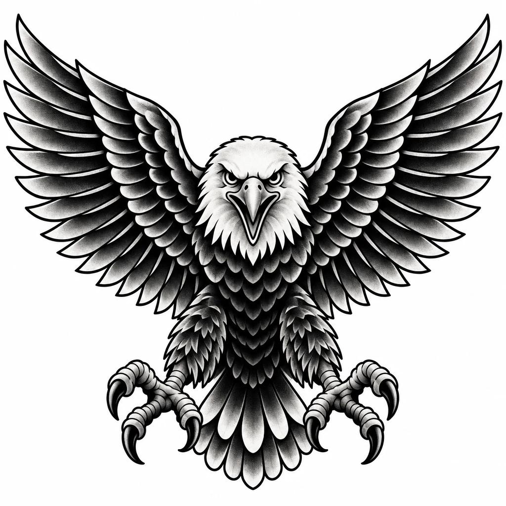 Tatouage d'aigle old school de face, ailes largement déployées et serres ouvertes