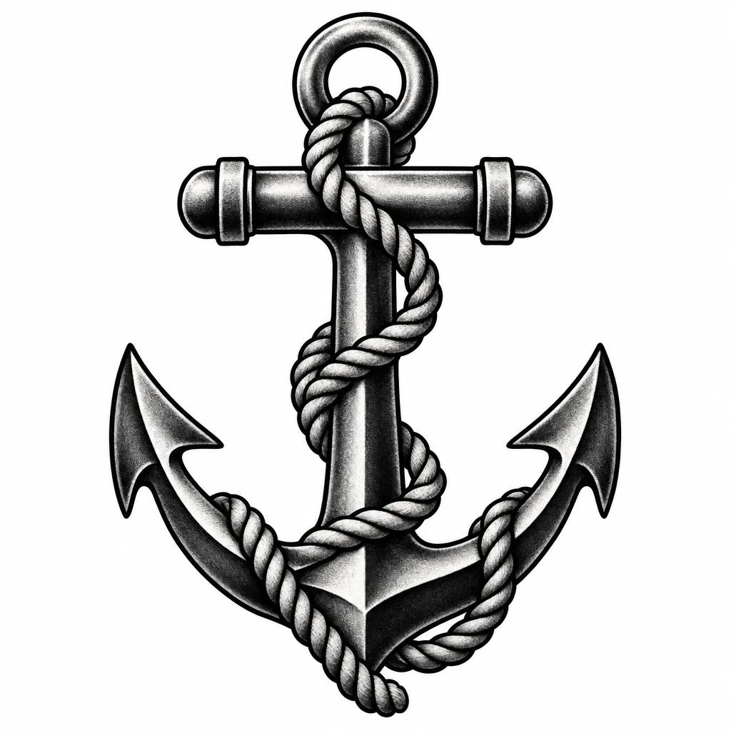 Tatouage d'ancre marine old school entourée d'un cordage enroulé, contours noirs épais