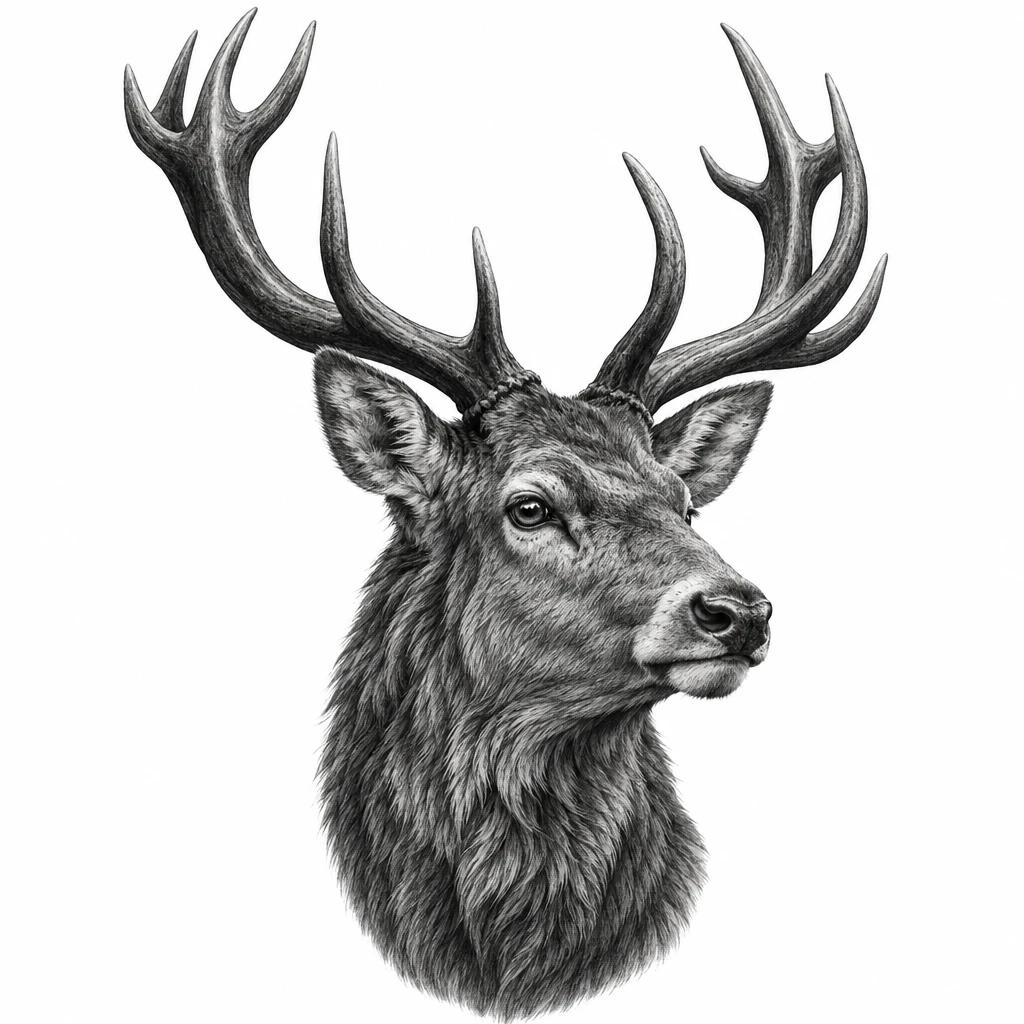 Tatouage de cerf réaliste, portrait de tête au pelage détaillé et grands bois ramifiés