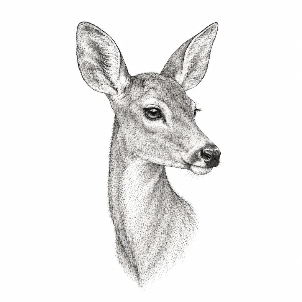 Tatouage de biche au trait fin, tête tournée de côté, sans bois, regard doux