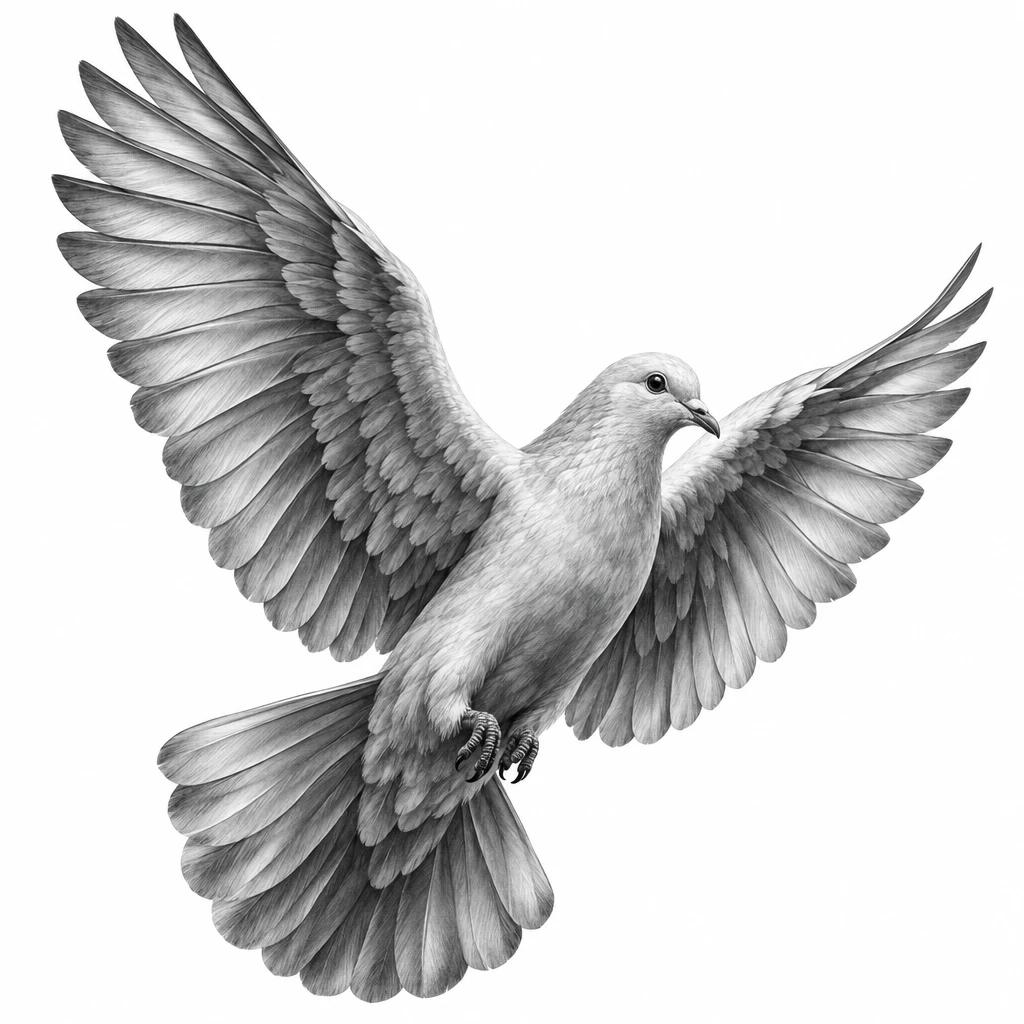 Tatouage de colombe en réalisme noir et gris, plumes détaillées et ombrages dégradés
