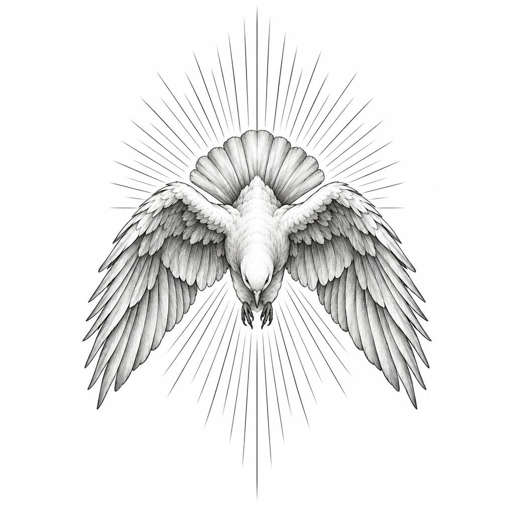 Tatouage de colombe descendant ailes déployées devant un faisceau de rayons lumineux