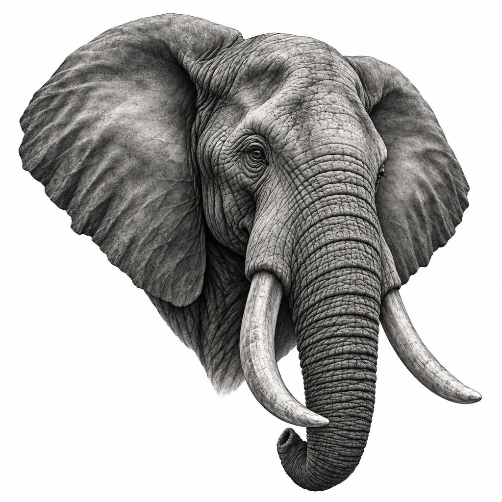Tatouage de tête d'éléphant d'Afrique en réalisme noir et gris, peau ridée et défenses