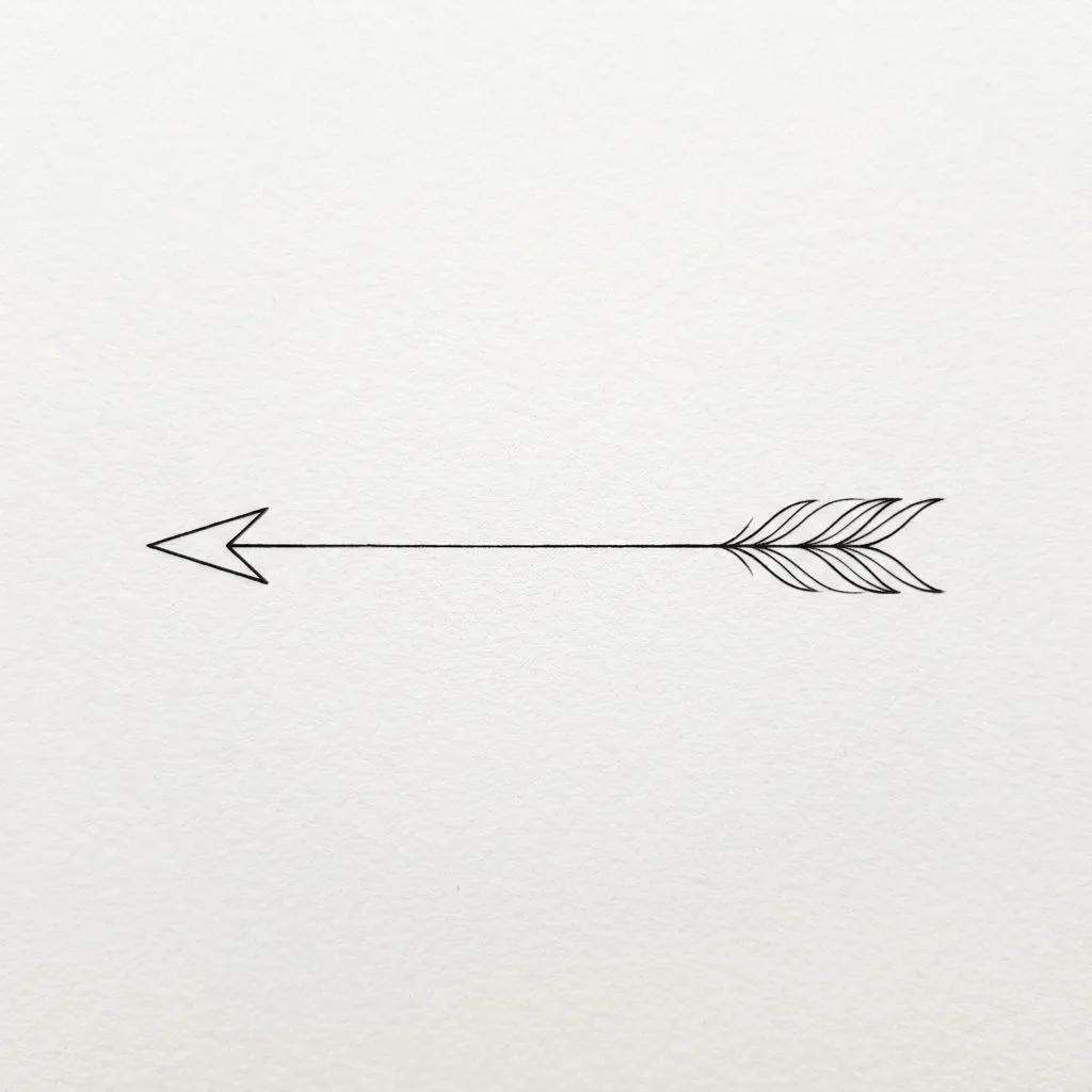 Dessin de tatouage d'une flèche minimaliste en traits fins noirs sur fond blanc.