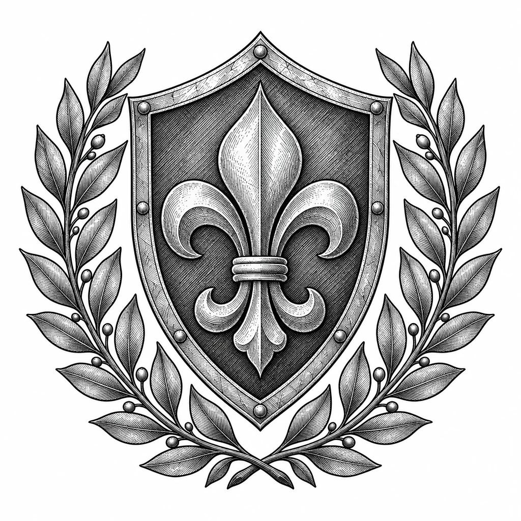 Tatouage d'armoiries : fleur de lys dans un écu héraldique encadré de branches de laurier