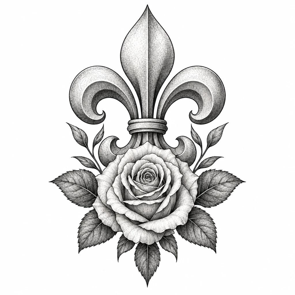 Tatouage associant une fleur de lys et une rose épanouie à sa base, avec feuillage