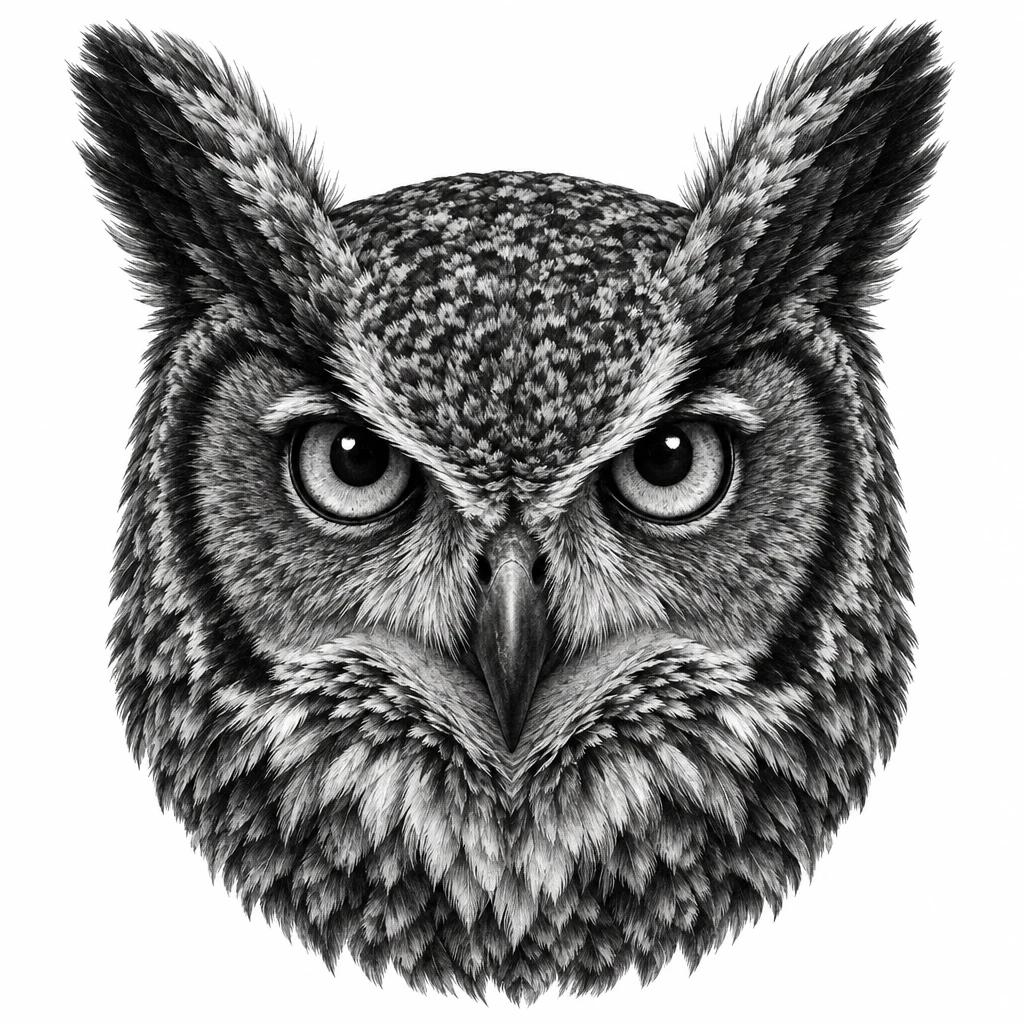 Tatouage de tête de hibou de face en réalisme noir et gris, grands yeux et aigrettes