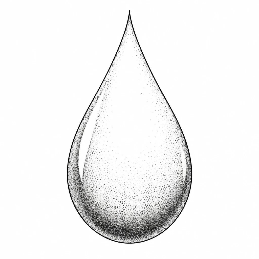 Tatouage larme fine-line : goutte au contour fin avec un ombrage en pointillés, dessin noir et blanc
