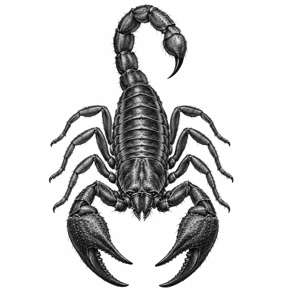 Tatouage de scorpion réaliste vu de dessus, carapace segmentée détaillée et dard dressé