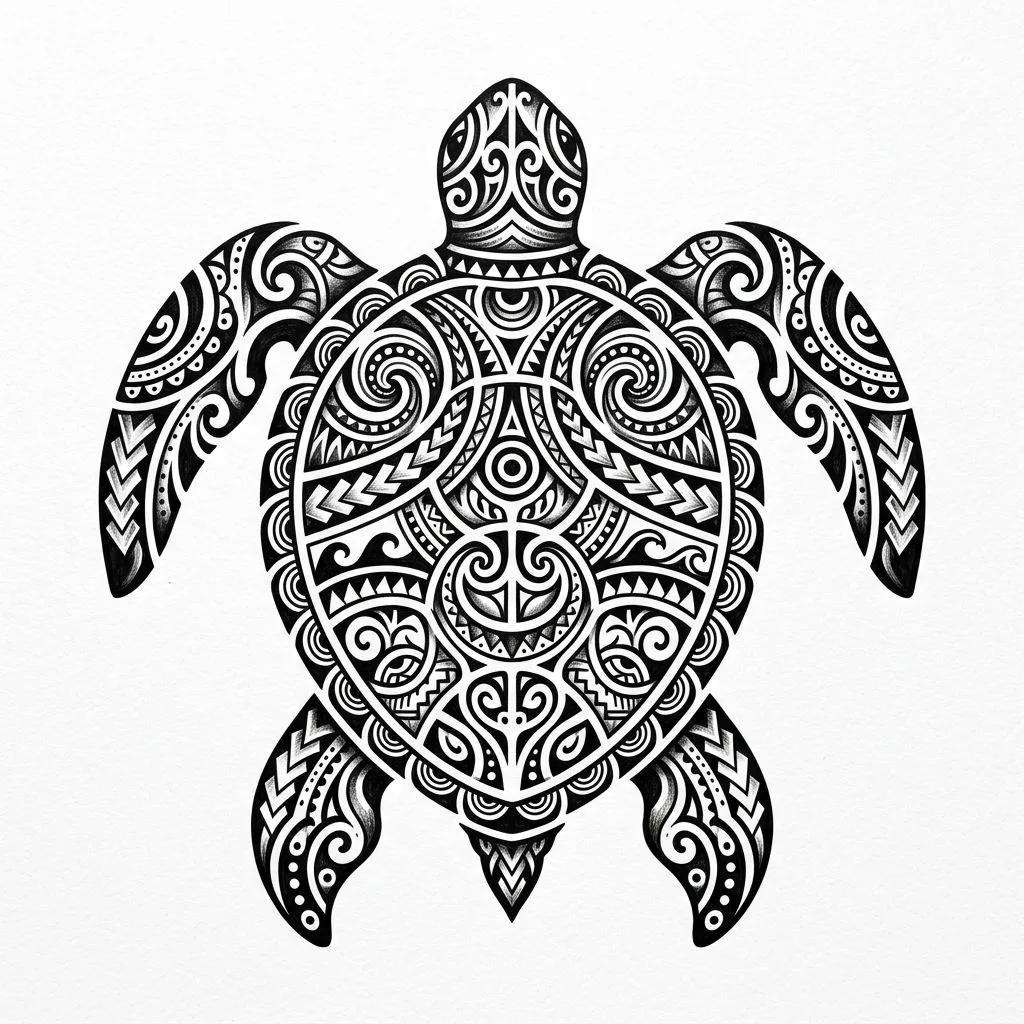 Dessin de tatouage d'une tortue marine de style polynésien avec des motifs tribaux complexes en noir.