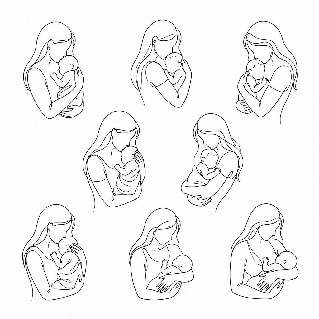 Dessins de tatouage minimalistes en trait continu représentant une mère et son bébé sur fond blanc.