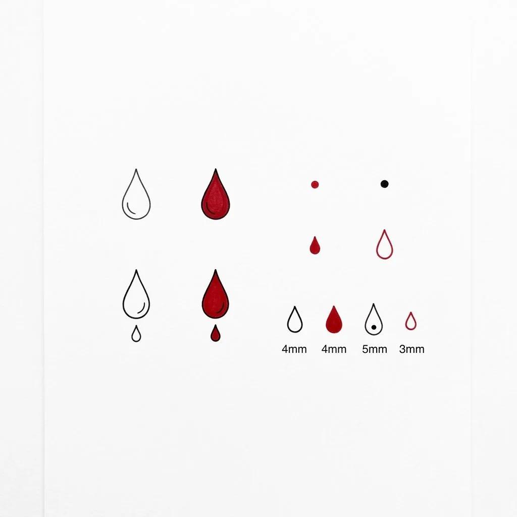 Planche de motifs de tatouage de gouttes en trait fin noir et rouge sur fond blanc.