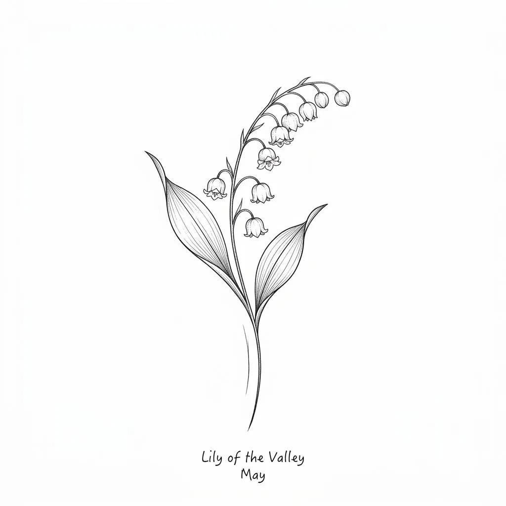 Dessin de tatouage fine-line d'un brin de muguet sur fond blanc.