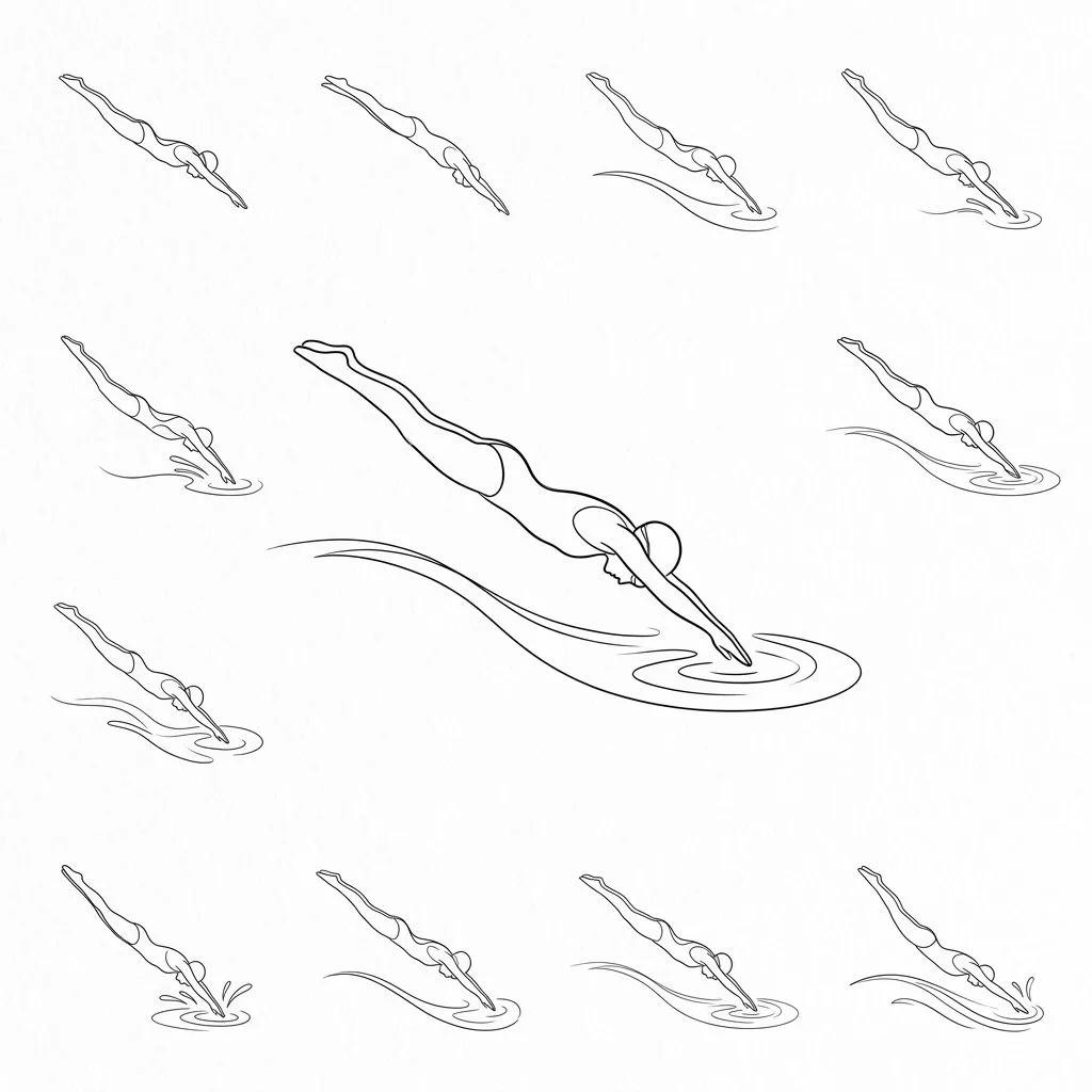Planche de tatouage minimaliste représentant une nageuse plongeant, style trait fin noir sur fond blanc.