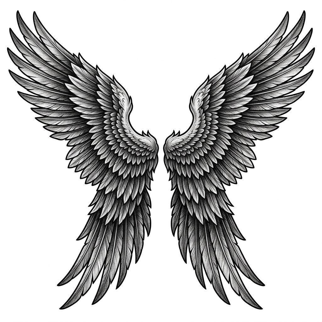 idée tatouage ange ailes seules dans le dos, design sur fond blanc