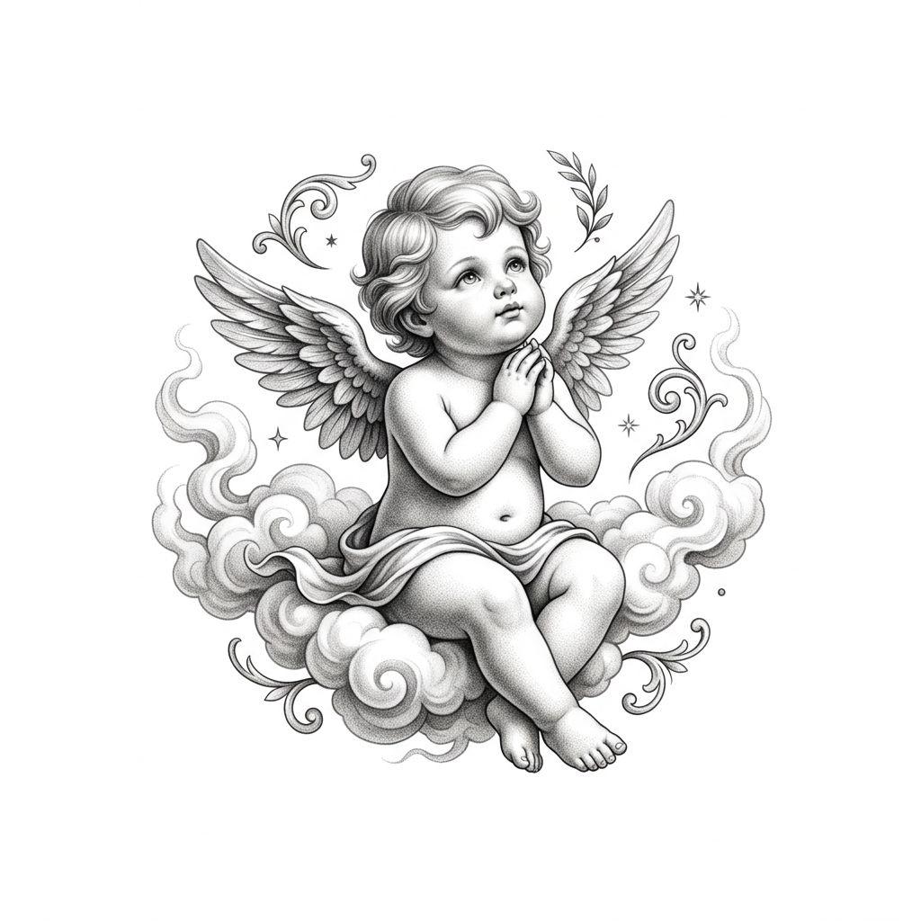 idée tatouage ange chérubin baroque, design sur fond blanc