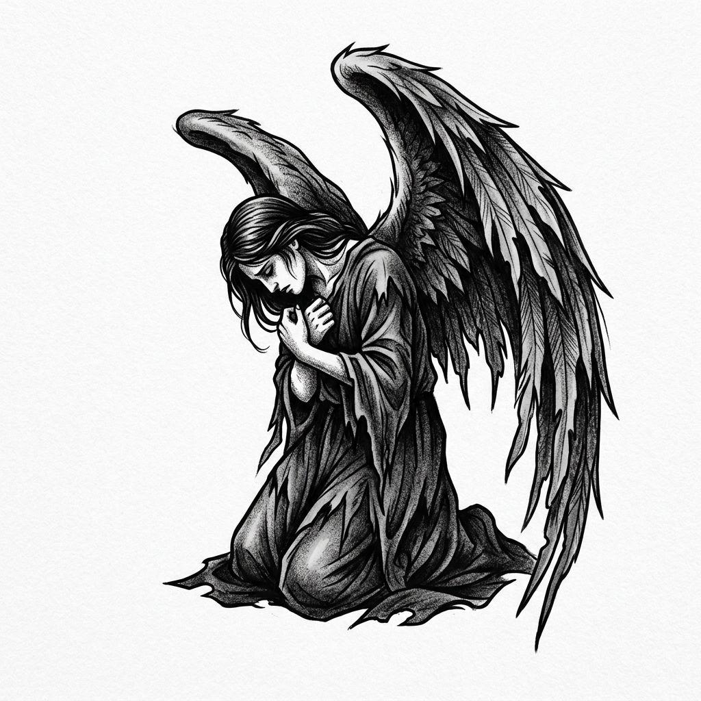 idée tatouage ange ange déchu dramatique, design sur fond blanc