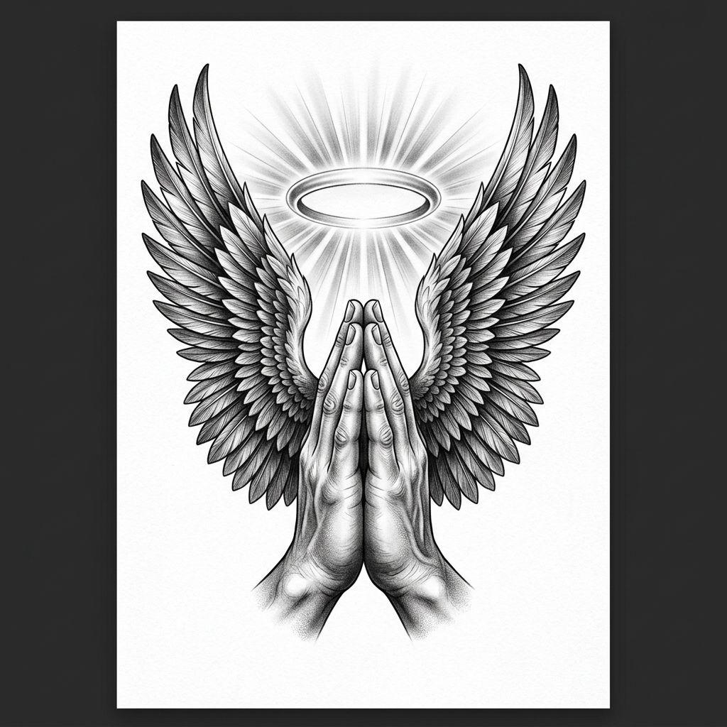 idée tatouage ange mains en prière et ailes, design sur fond blanc