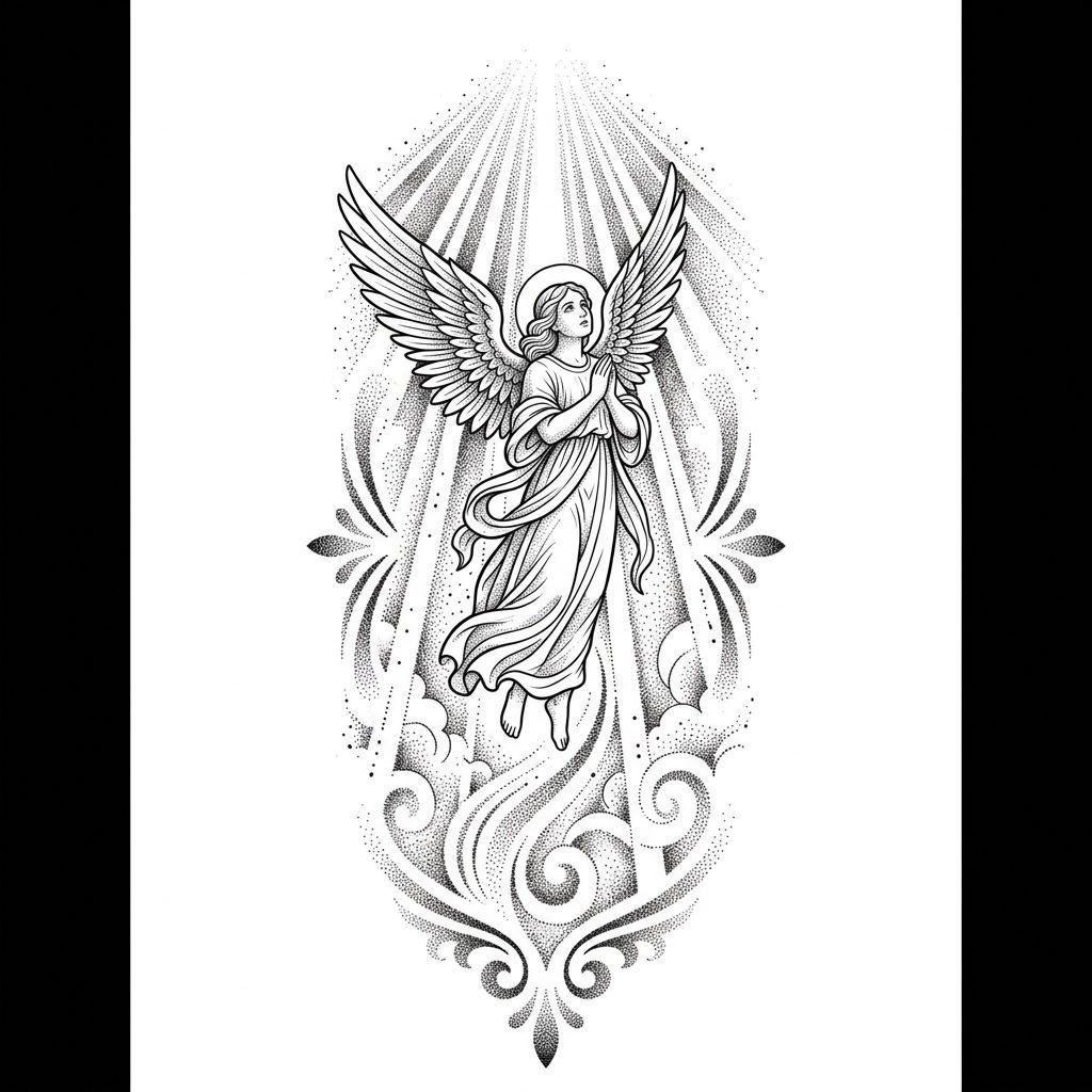 idée tatouage ange ange et colonne de lumière, design sur fond blanc