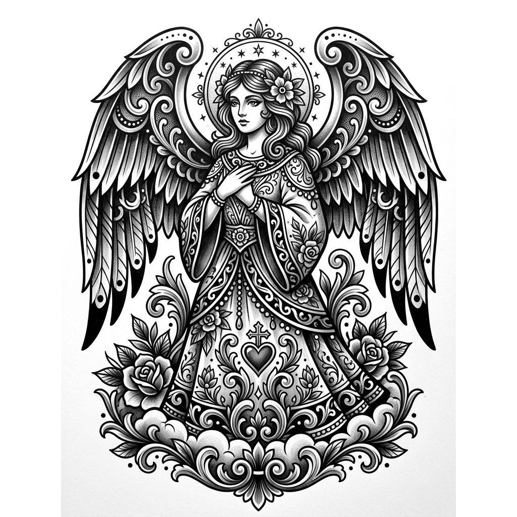 idée tatouage ange ange néo-traditionnel, design sur fond blanc