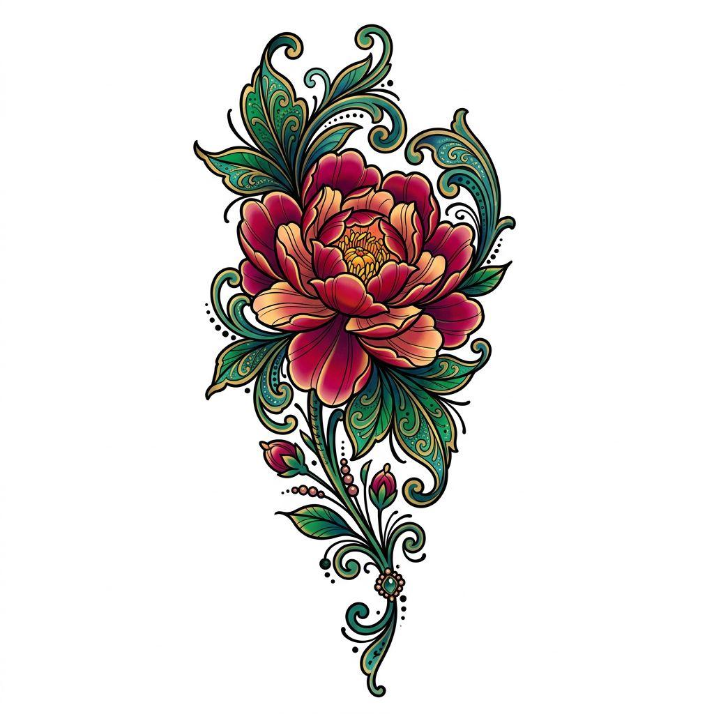 idée tatouage avant-bras pivoine néo-traditionnelle