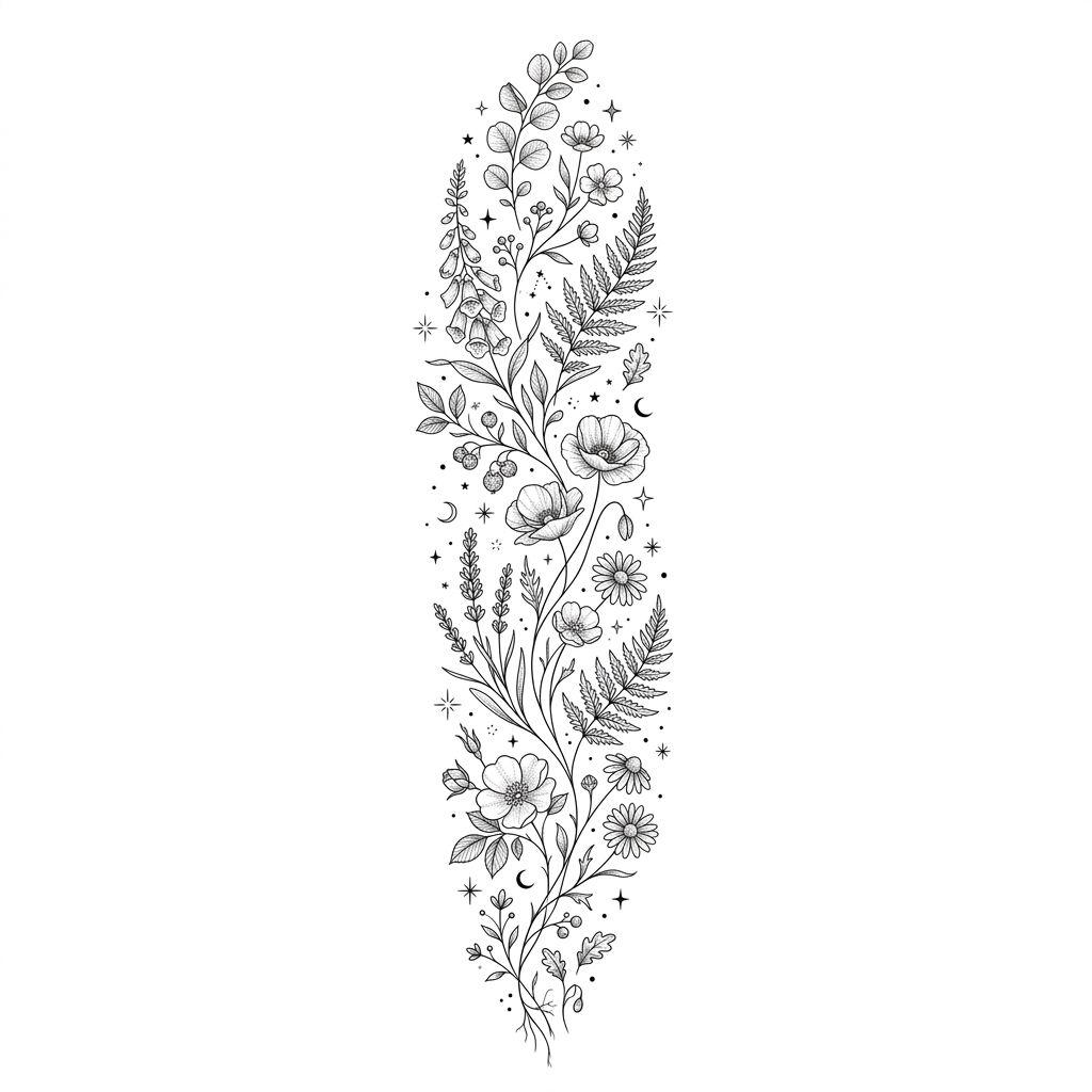 idée tatouage bras manche florale fine line