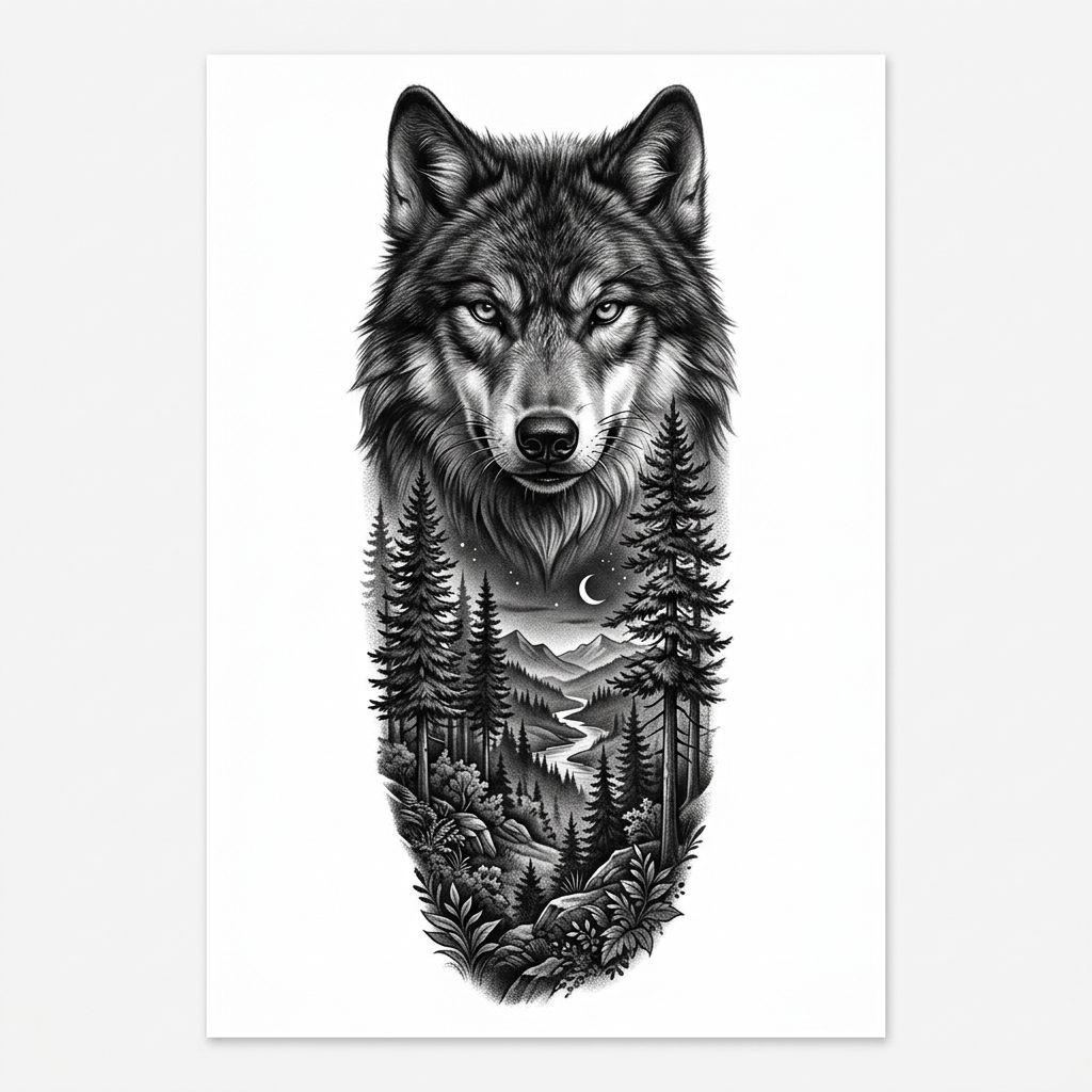 idée tatouage bras loup réaliste vertical