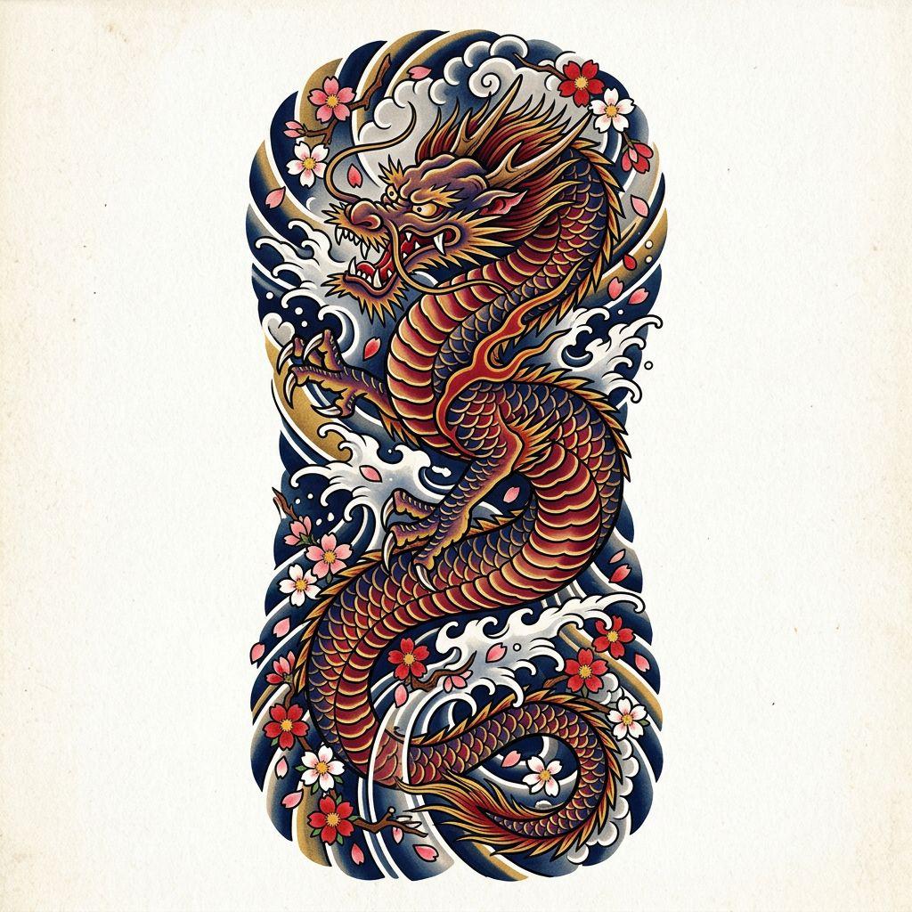 idée tatouage bras dragon japonais sleeve