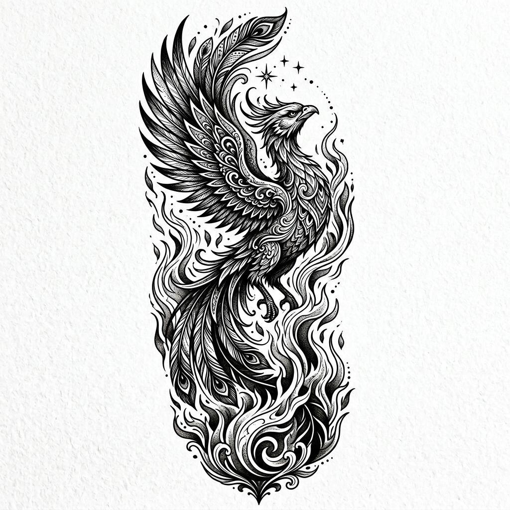 idée tatouage bras phénix sleeve premium