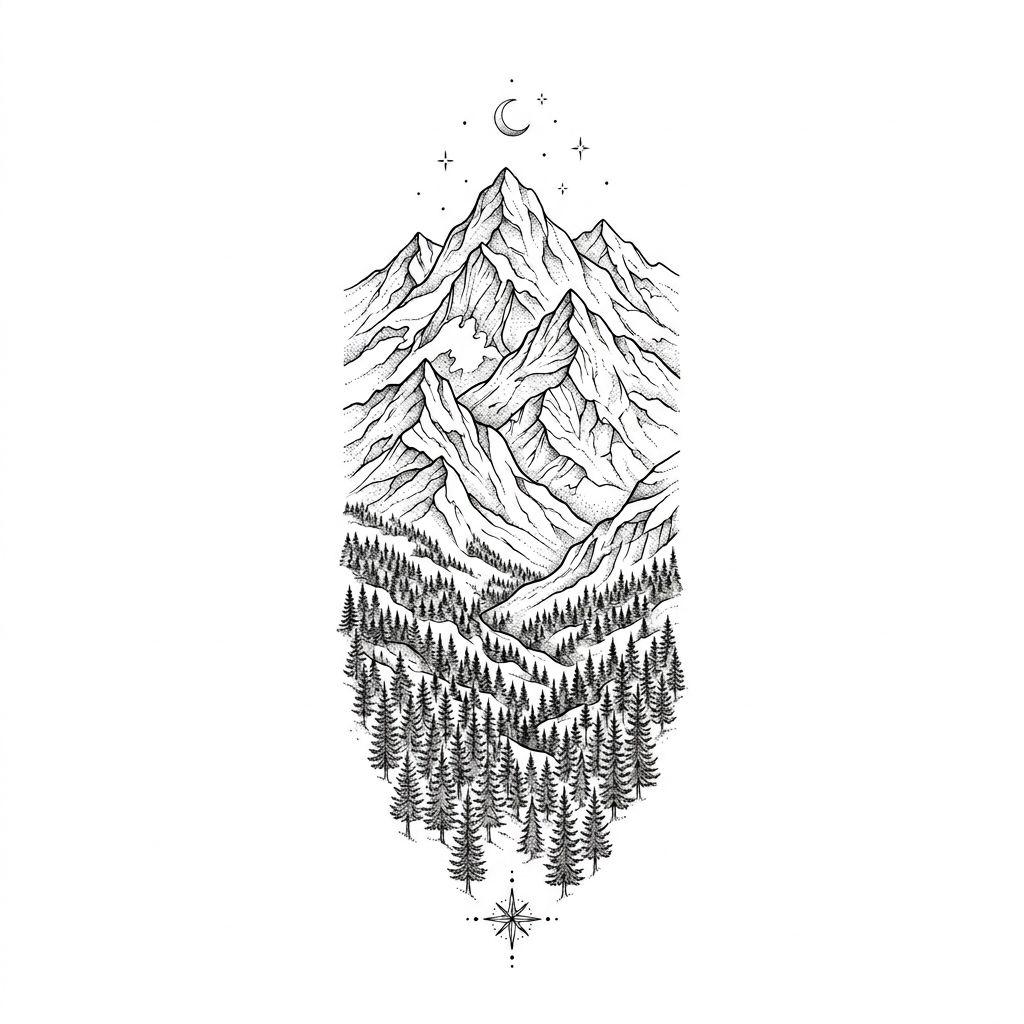 idée tatouage bras homme montagne fine line