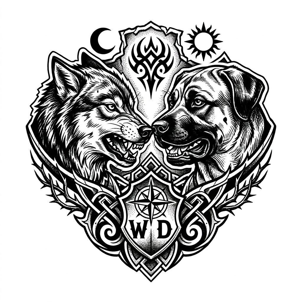 idée tatouage chien loup et chien blackwork