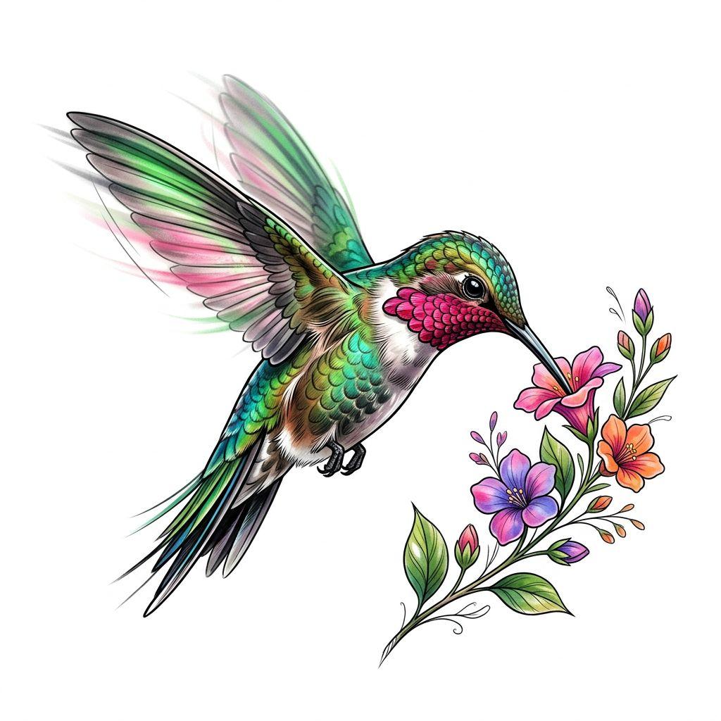 idée tatouage colibri colibri réaliste couleur, design sur fond blanc