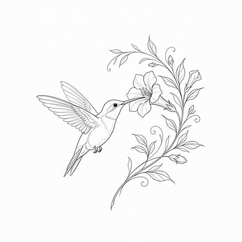 idée tatouage colibri colibri et fleur fine line, design sur fond blanc