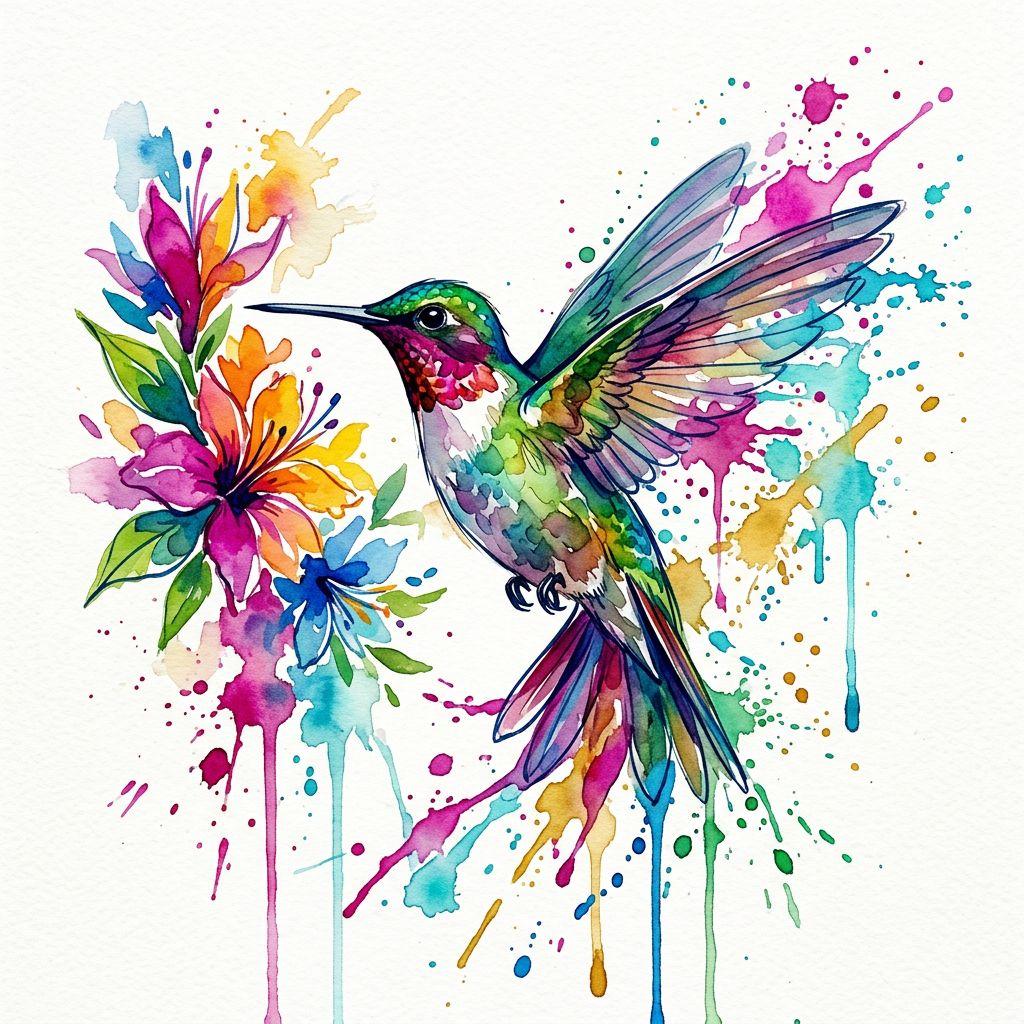 idée tatouage colibri colibri aquarelle, design sur fond blanc