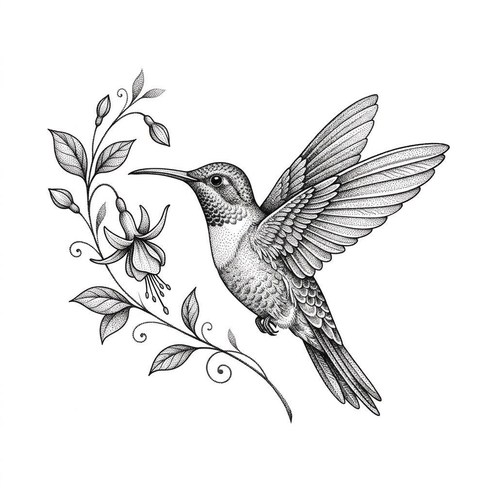 idée tatouage colibri colibri dotwork, design sur fond blanc