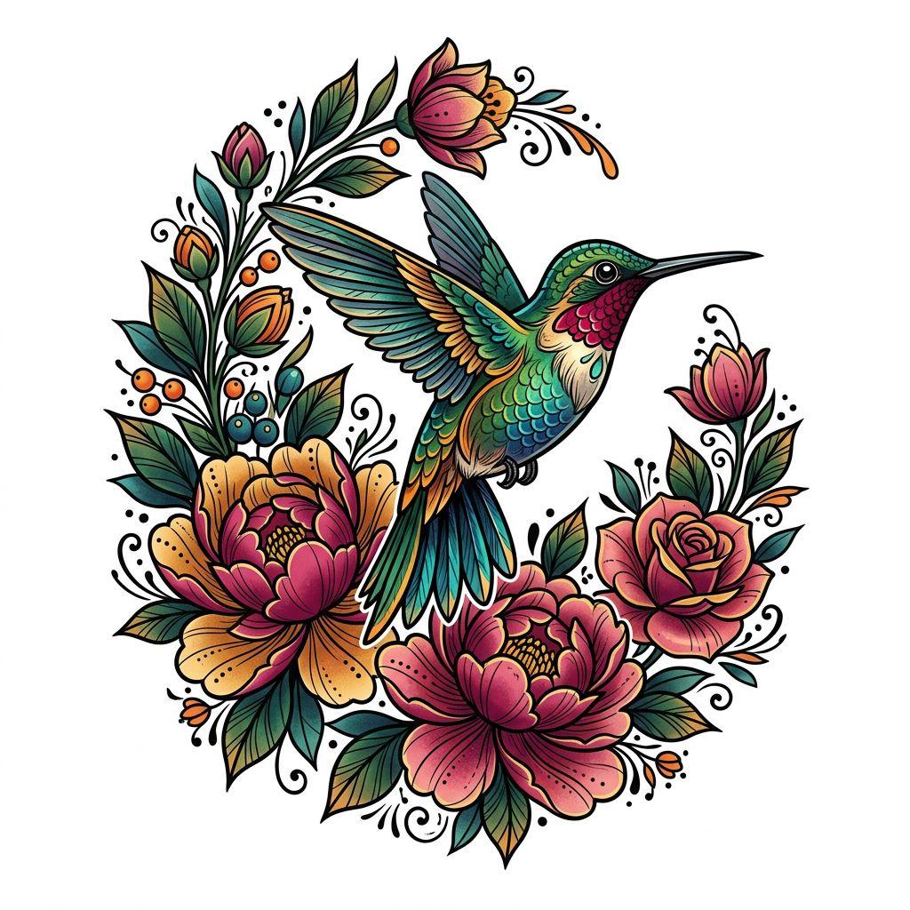 idée tatouage colibri colibri et fleurs néo-traditionnel, design sur fond blanc