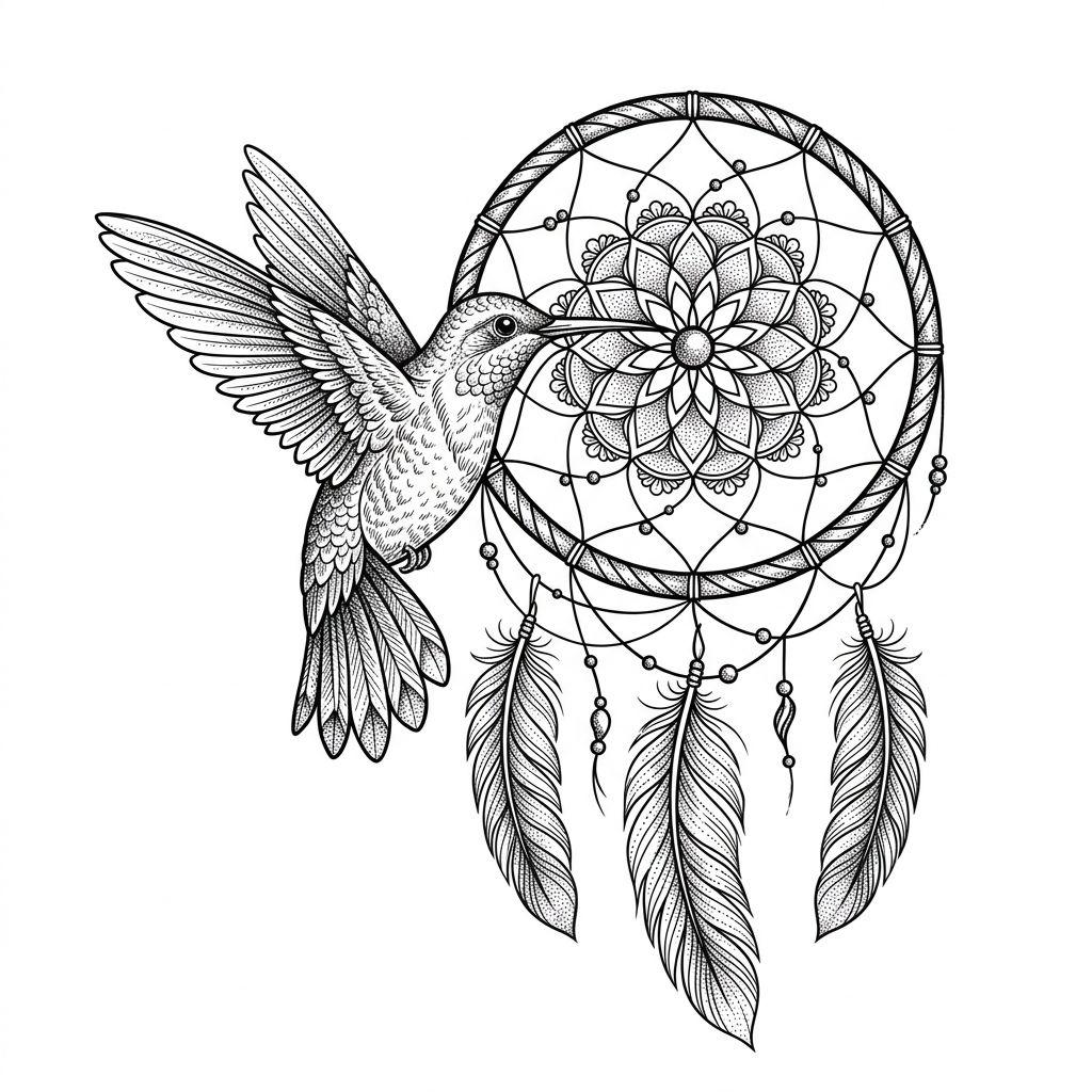 idée tatouage colibri colibri et attrape-rêve, design sur fond blanc