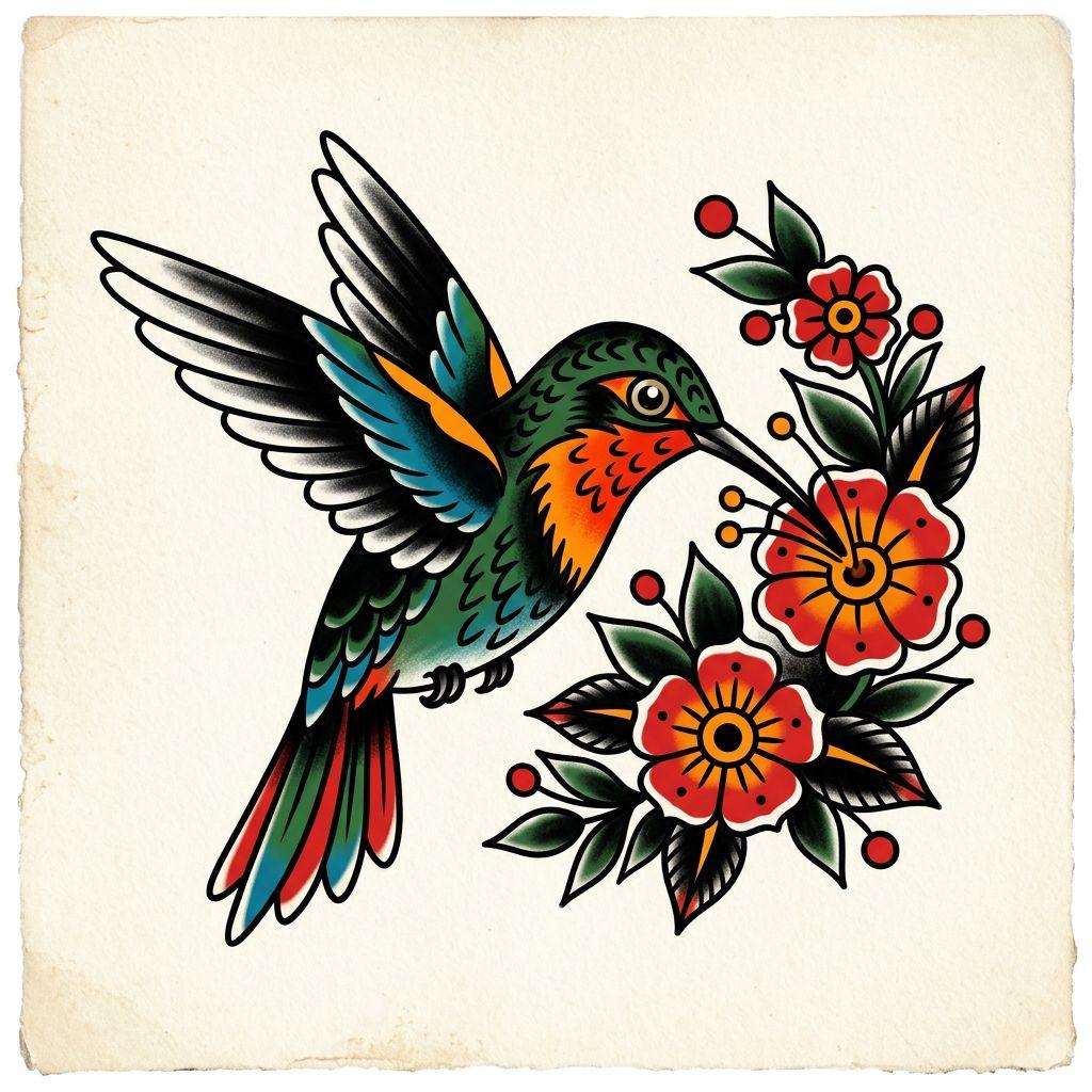 idée tatouage colibri colibri old school, design sur fond blanc