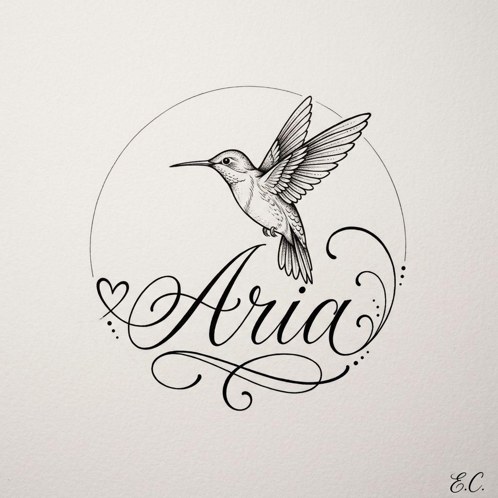 idée tatouage colibri colibri hommage avec prénom, design sur fond blanc