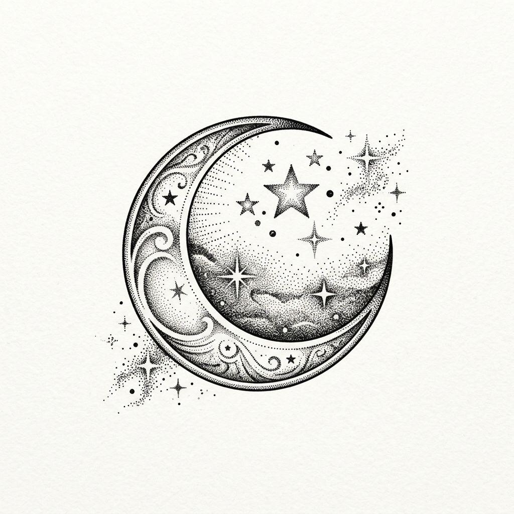 idée tatouage cou femme lune et étoiles dotwork
