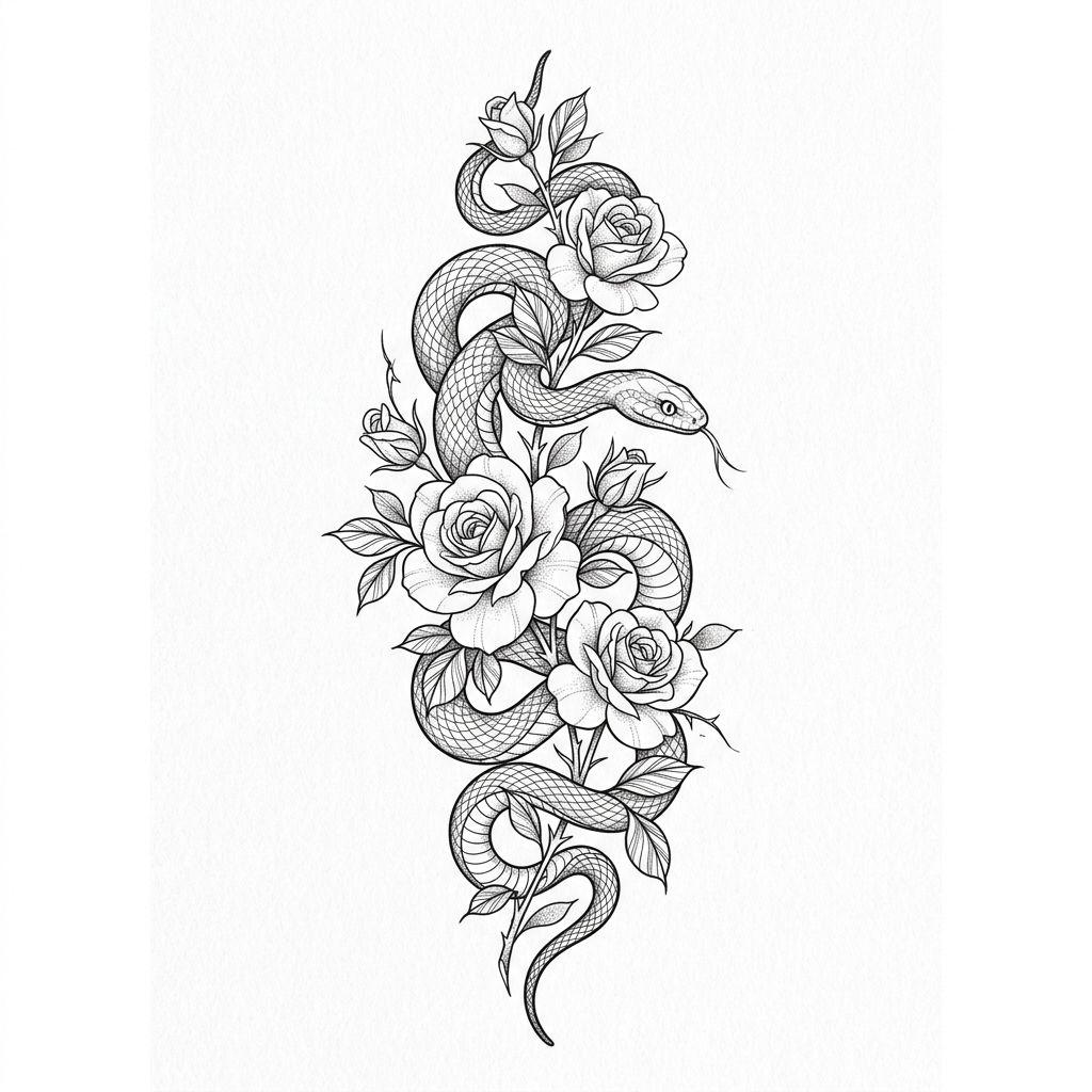 idée tatouage cuisse femme serpent et fleurs