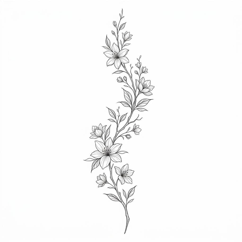 idée tatouage cuisse femme branche fleurie verticale