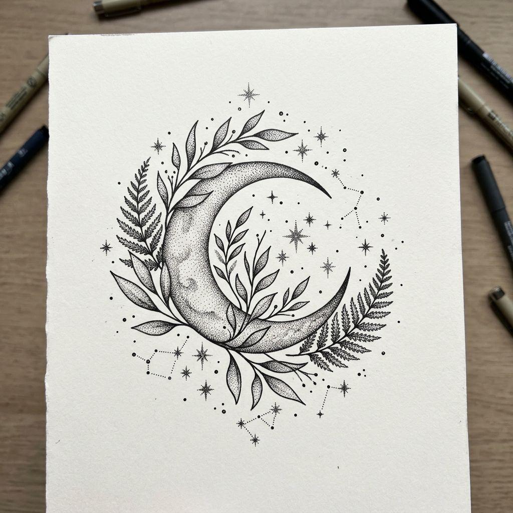 idée tatouage cuisse femme lune et botanique