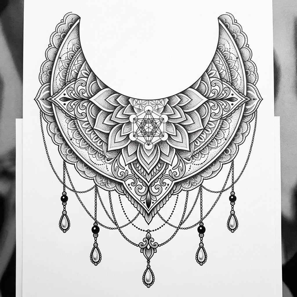 idée tatouage épaule femme mandala demi-lune epaule, design sur fond blanc