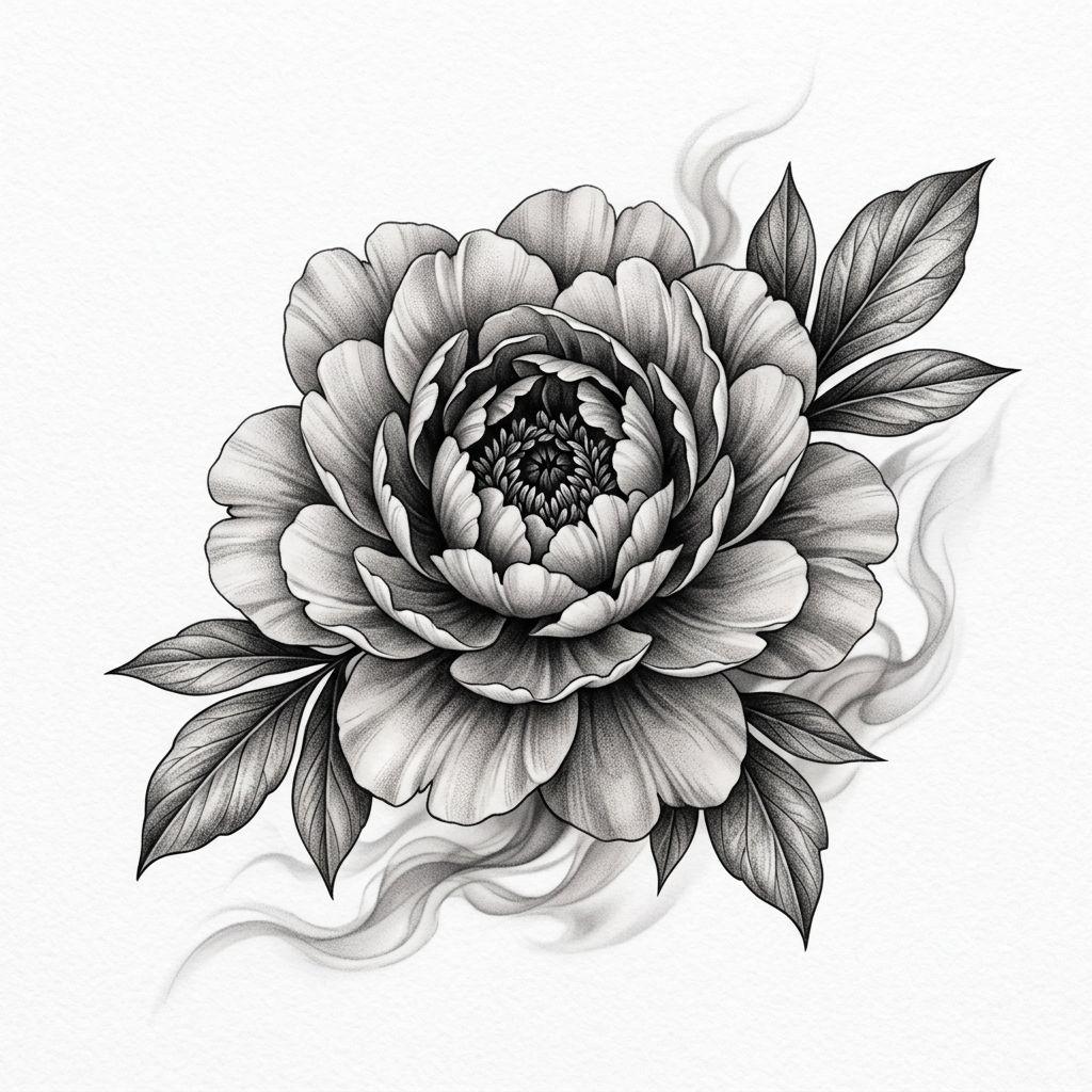 idée tatouage épaule femme pivoine realiste omoplate, design sur fond blanc