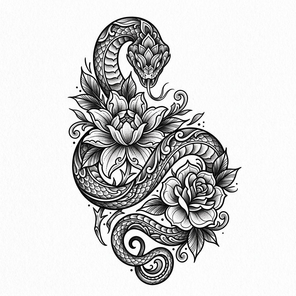idée tatouage épaule femme serpent et fleurs neo-traditionnel, design sur fond blanc
