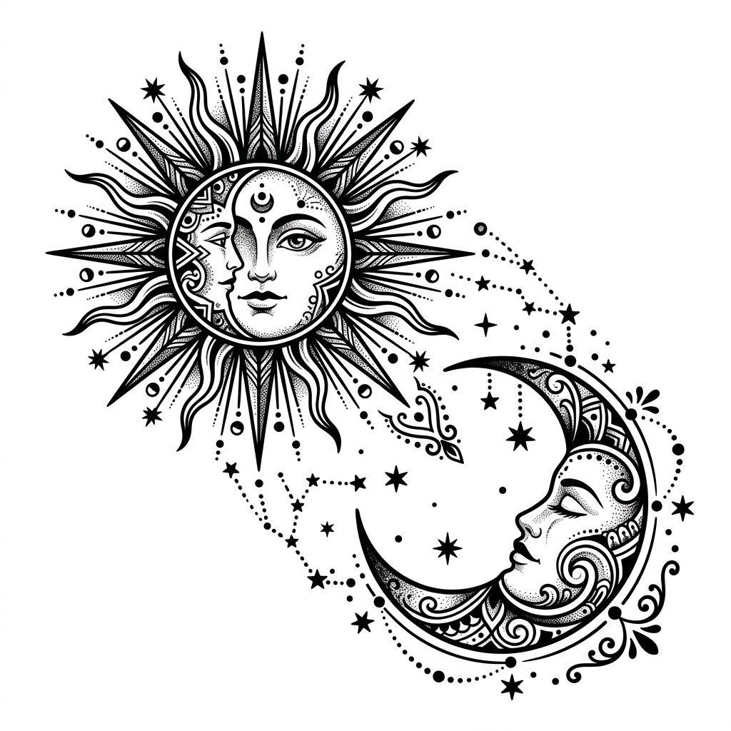 idée tatouage épaule femme soleil et lune symboliques, design sur fond blanc